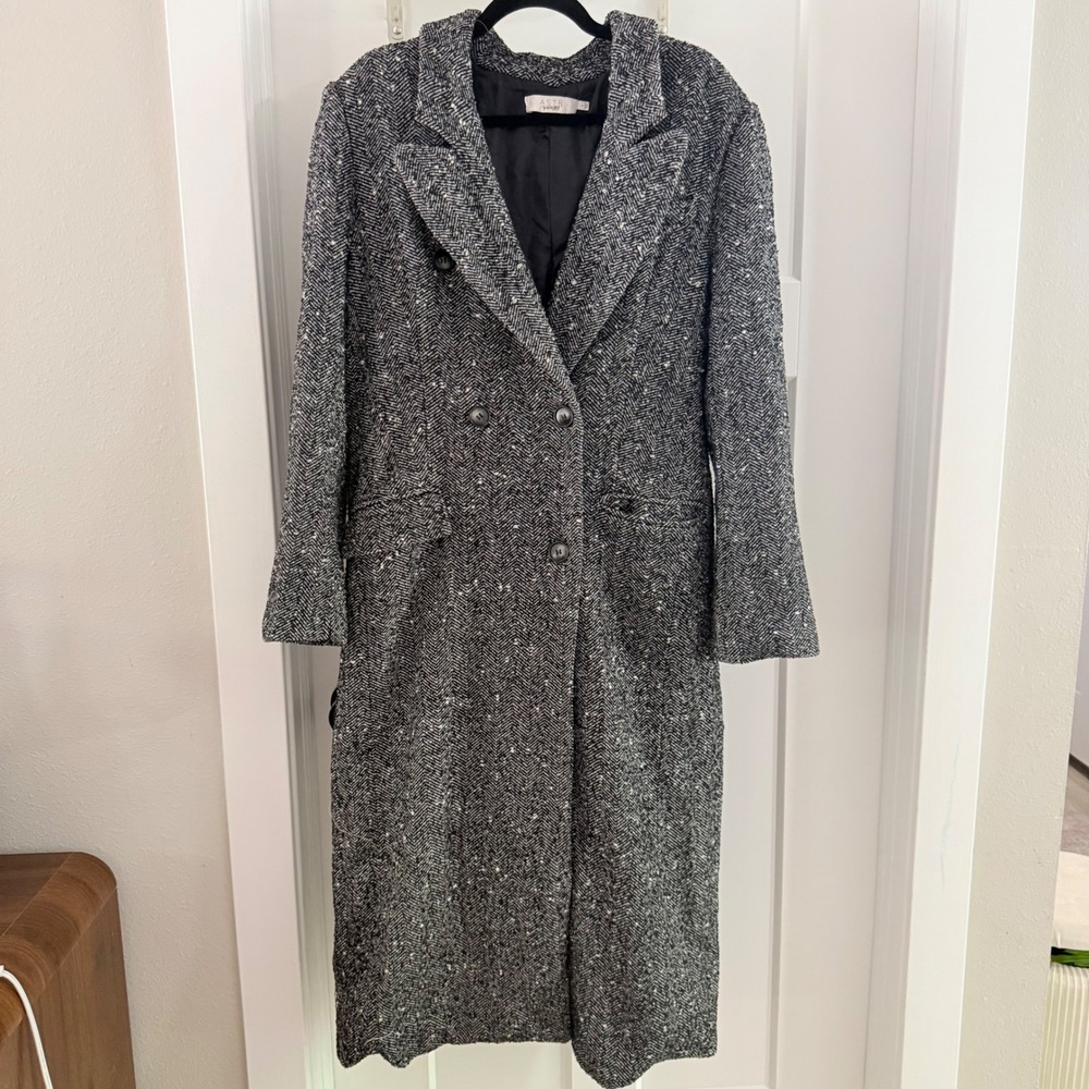 ASTR the Label Long Morana Coat Black White Herringbone Double Breasted Maxi L